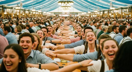 Fototapeta premium Happy people celebrating together at Oktoberfest in a beer tent.
