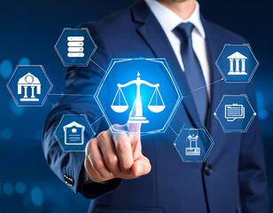 Man in suit interacts with a digital interface showing scales of justice and legal icons