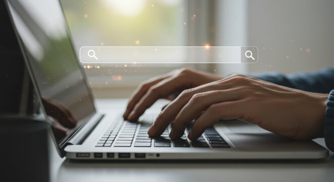 Closeup of hands typing on a laptop keyboard with a search bar interface visible, representing online research and information gathering