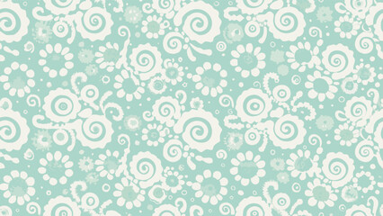 Fototapeta premium Floral pattern with swirls and flowers in white on a light blue background creating a vintage feel