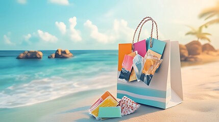 Abstract background with a shopping bag full of colorful photo cards on the beach, a banner for advertising or promotional design template