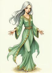 Slender female humanoid with pale porcelain skin, teal almond eyes, and silver hair – fantasy RPG elf or mystical character in old-school tabletop roleplaying art style