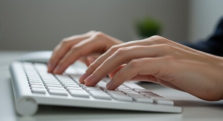 Closeup of a persons hands typing on a white computer keyboard, focusing on the fingers and keys
