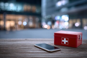 Obraz premium Red first aid kit and smartphone are on a wood surface against a blurred city backdrop