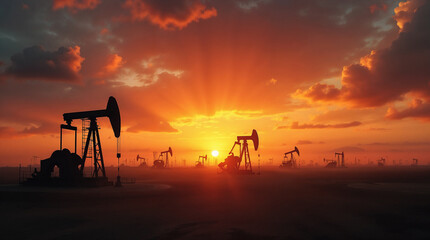 Dramatic sunset over an oil field with multiple oil pump jacks silhouetted against the colorful sky