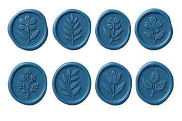 Collection of Eight Blue Wax Seals Featuring Embossed Floral and Botanical Motifs for Stationery and Crafting