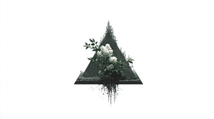 Abstract triangle graphic with white flowers and dark foliage