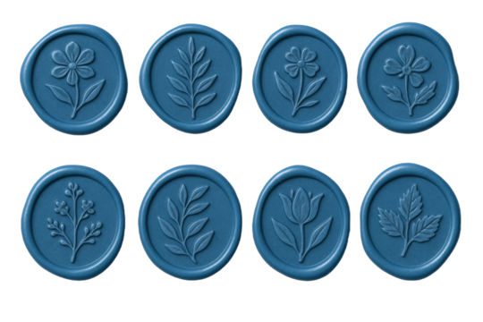 Collection of Eight Blue Wax Seals Featuring Embossed Floral and Botanical Motifs for Stationery and Crafting - Powered by Adobe