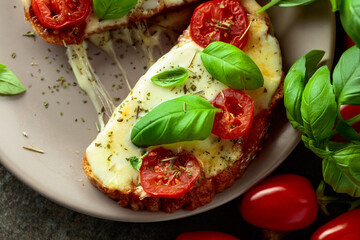 Hot open sandwiches with mozzarella, tomatoes and basil.