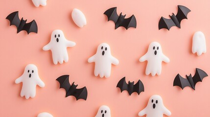 A graphic watercolor pastel halloween background. Bold, flat shapes of ghosts and bats are arranged in a dynamic composition, with a limited color palette of pastel orange and black.