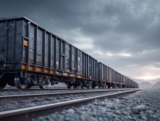 Obraz premium Long cargo train on railway tracks under dramatic cloudy sky in industrial setting