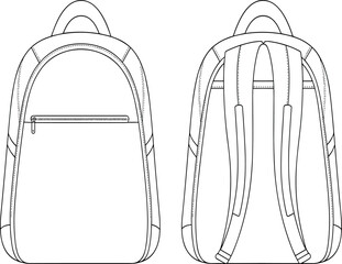 CAD drawing, backpack front view, backpack back view, vector illustration, fashion accessory, product design, minimalist sketch, technical outline, 