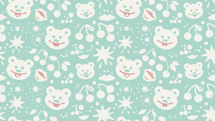 Obraz premium Seamless pattern featuring bear heads, cherries, stars, and lips on a light green background