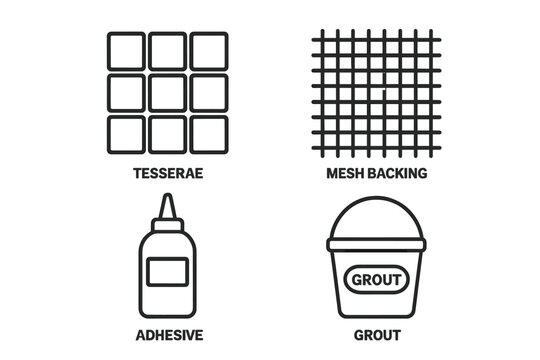 Mosaic Art Materials Icons Set. Outline Vector Symbols of Tesserae Tiles, Mesh Backing, Adhesive Bottle, Grout Bucket. Creative Supplies for Mosaic Making, Tile Installation, DIY Crafts