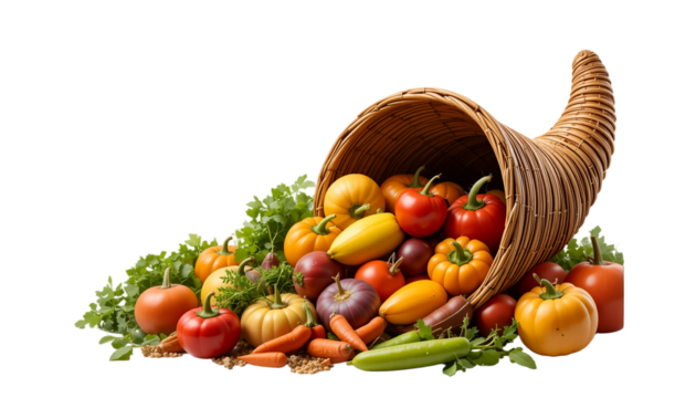 Autumn cornucopia overflowing with harvest vegetables and seasonal produce - thanksgiving symbol for abundance gratitude and fall celebration decoration
