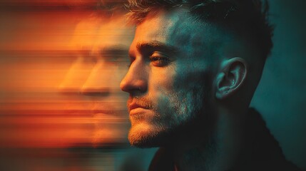 Man portrait with motion blur effect orange and teal color grading.