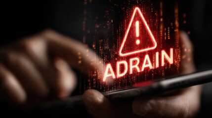 Hands hold tablet, red warning sign, digital text "ADRAIN" overlay
