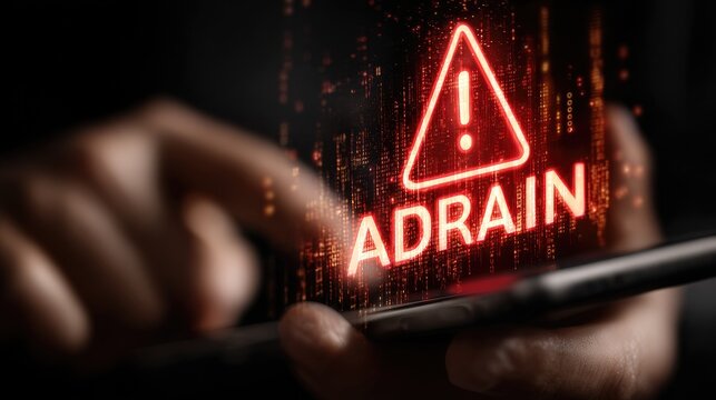 Hands hold tablet, red warning sign, digital text "ADRAIN" overlay