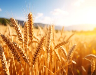 Golden wheat stalks bask in sunlight, a picturesque summer harvest scene