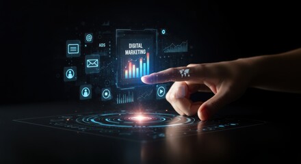 Hand touching a futuristic holographic interface displaying data analysis and business growth charts with various digital icons