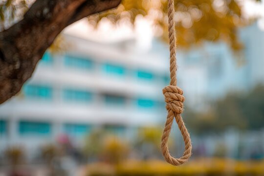A noose hangs from a tree branch with a building blurred in the background