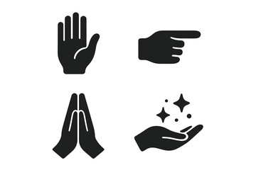 Set of 4 Mystical Hand Gestures Icons, Solid Filled Vector Illustrations Featuring Open Palm, Finger Pointing, Prayer Hands, and Magical Spell Signs on Transparent Background