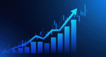 Abstract blue background with a rising bar and line graph indicating financial business growth and upward market trend