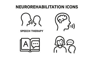 Neurorehabilitation Speech Therapy Vector Icons Set. Outline Style Language Disorder Rehabilitation Illustrations. Communication Therapy, Cognitive Recovery, Brain Injury Support, Logopedia, Education