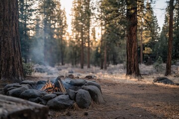 Obraz premium Cozy Campfire Surrounded by Tall Evergreen Trees in a Serene Forest Setting at Dusk