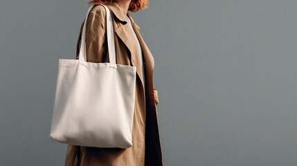 A stylish woman walking and holding a blank white tote bag mockup.