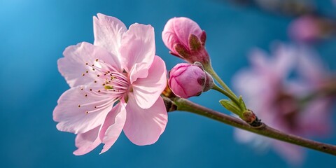Obraz premium Delicate pale pink peach blossoms unfurl on a branch with closed buds against a soft blurred blue background in a close up macro shot
