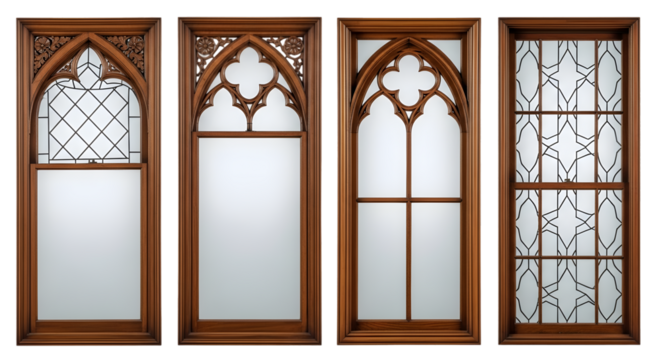 A set of vertical vintage windows with ornate wooden frames displayed against a light background. Each window showcases unique classical architectural details.	