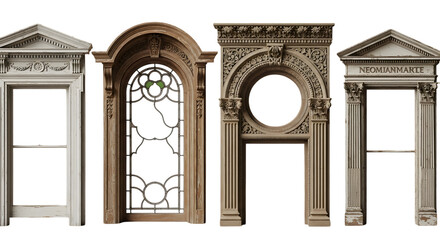 Fototapeta premium A set of vertical vintage windows with ornate wooden frames displayed against a light background. Each window showcases unique classical architectural details. 