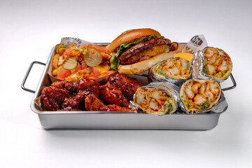 Set of burger, shawarma and french fries on a white background