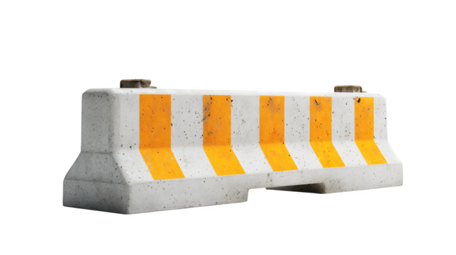A concrete median barrier with reflective strips, isolated on a Transparent background
