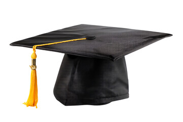 A Classic Black Graduation Cap with Golden Tassel, Symbol of Achievement  Isolated on transparent background, cutout	