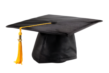 A Classic Black Graduation Cap with Golden Tassel, Symbol of Achievement  Isolated on transparent background, cutout	