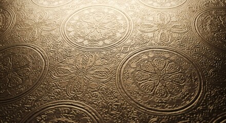Obraz premium Ornate Embossed Metal Surface with Floral and Circular Designs Textured Background.