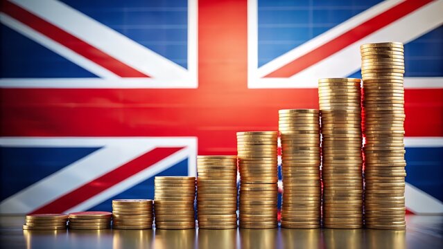 Ascending stacks of gold coins against a blurred UK flag; financial growth, British economy, prosperity concept.