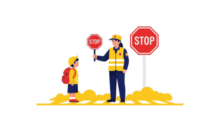 Crossing Guard Helps Student Safely Cross The Street At The Crosswalk