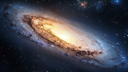 Fototapeta premium A breathtaking spiral galaxy unveils its cosmic wonder painted with stellar nurseries in golden hues against the