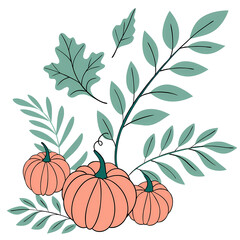 Naklejka premium Three peach-colored pumpkins nestled amongst stylized teal leaves and branches.
