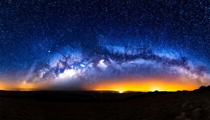 Fototapeta premium Milky Way over the beautiful mountain with sunrise covered peak at night in summer. Colorful landscape with bright starry sky with Milky Way arch, snowy rocks, hills. Space. Nature