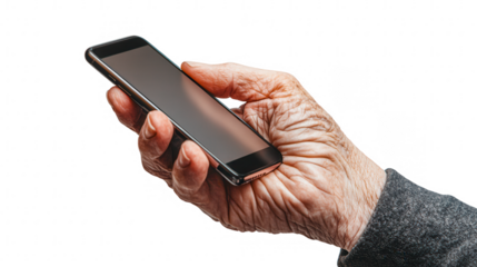 A wrinkled elderly hand holding a smartphone