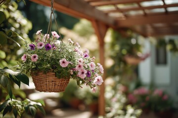 Hanging Flower Basket With Colorful Petunias Under Wooden Pergola in Daylight