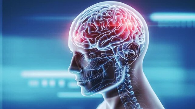 A detailed illustration shows a human head with a transparent skull. Highlighted areas on the brain indicate regions affected by diseases and pain signals during medical exploration.