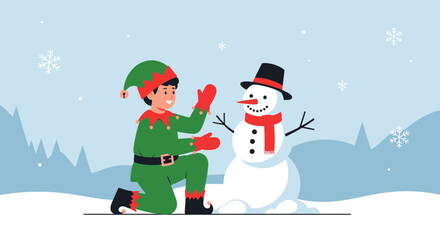 Naklejka premium Cheerful Elf Building A Snowman In A Snowy Winter Landscape Scene