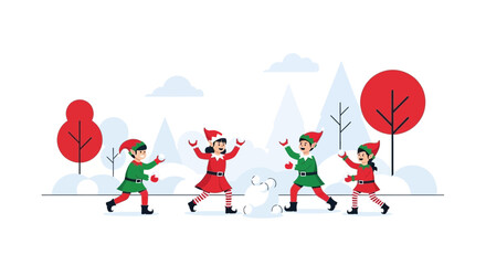 Cheerful Elves Enjoying A Festive Snowball Fight On A Winter Day