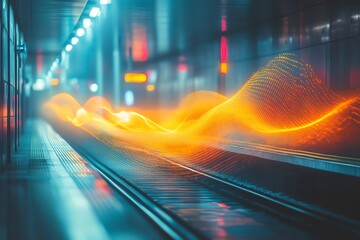 Futuristic Subway Station with Digital Light Wave in Modern Underground Environment