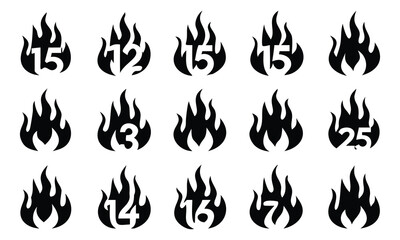 Burning hot fire flame icons, vector set of orange and yellow heat illustrations